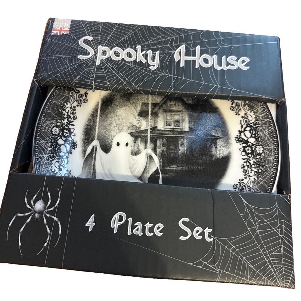 NEW Set of 4 Eaton Fine Dining SPOOKY HOUSE Halloween 7.5 In Lunch Plates